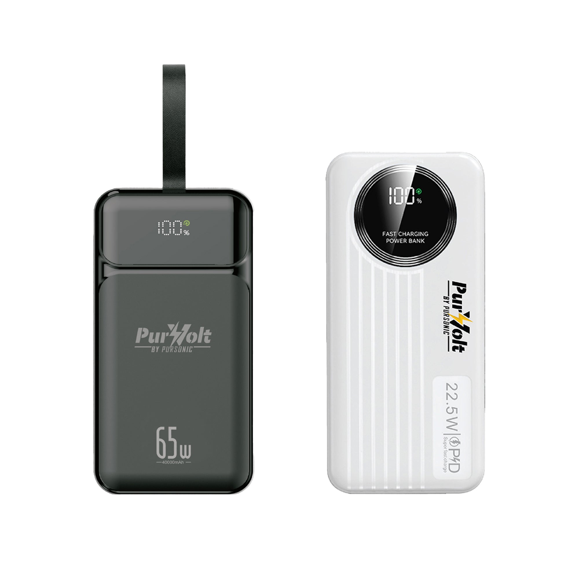 Pursonic Power Anywhere Bundle – PurVolt 40,000mAh Power Bank + LED Fast Charging Power Bank with Built-in Cables