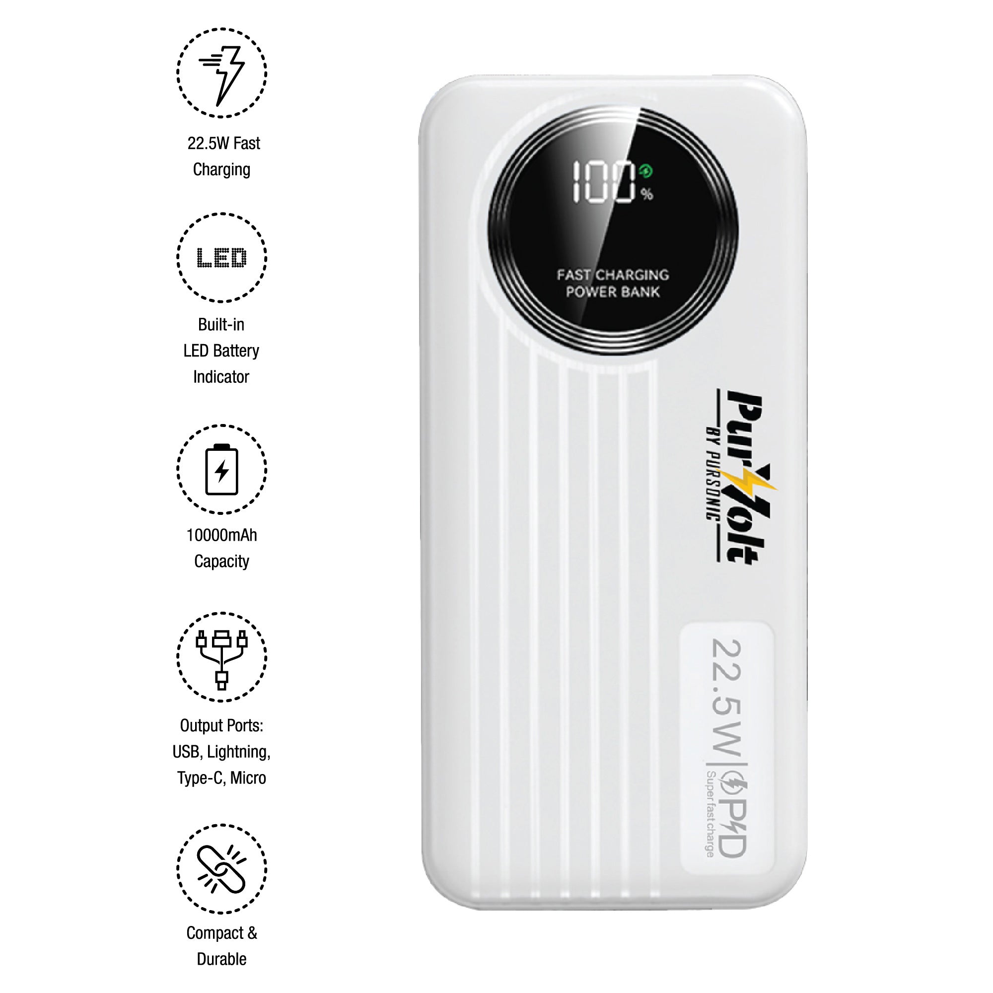 Pursonic Power Anywhere Bundle – PurVolt 40,000mAh Power Bank + LED Fast Charging Power Bank with Built-in Cables